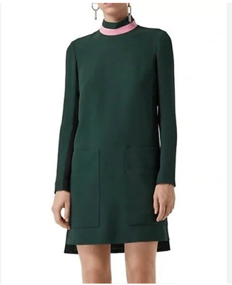 Burberry Dress Womens US 0 Dark Forest Green Zoya Pink Collar Long Sleeve  Shift | eBay