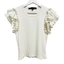 Veronica Beard White Ribbed Ruffle Sleeve Knit Top Size M Crew Neck Minimalist