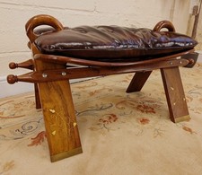 Vintage Anglo Indian Leather Deep Button Camel Saddle Stool with Brass Inlay