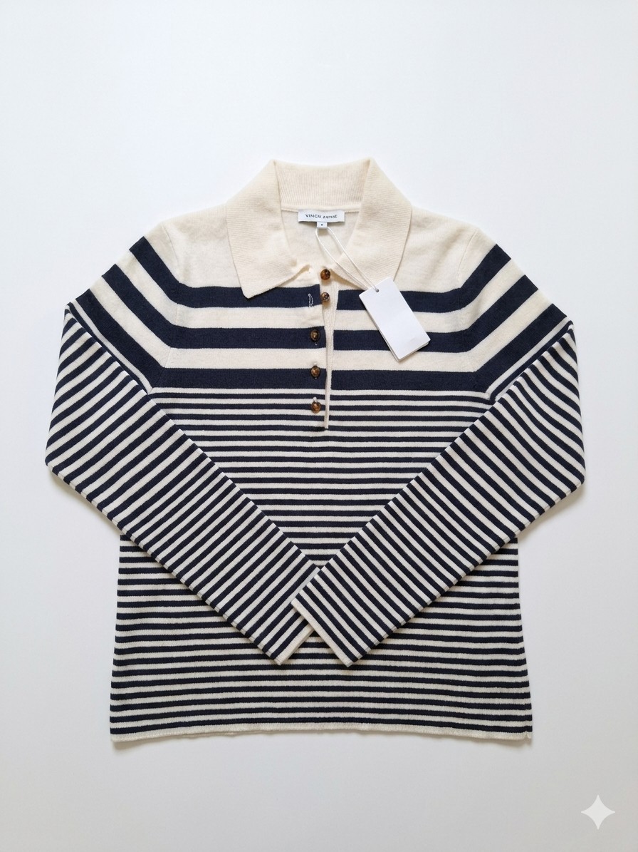 Veronica Beard Striped Polo Knit Sweater  Button Collar Cream Navy Size M