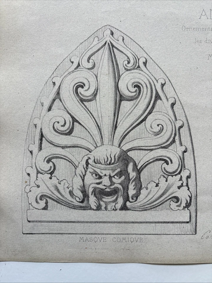 Litografia francesa antiga de 1868 – Antefixos e máscaras arquitetônicas por Chazal - Imagem 3 de 4