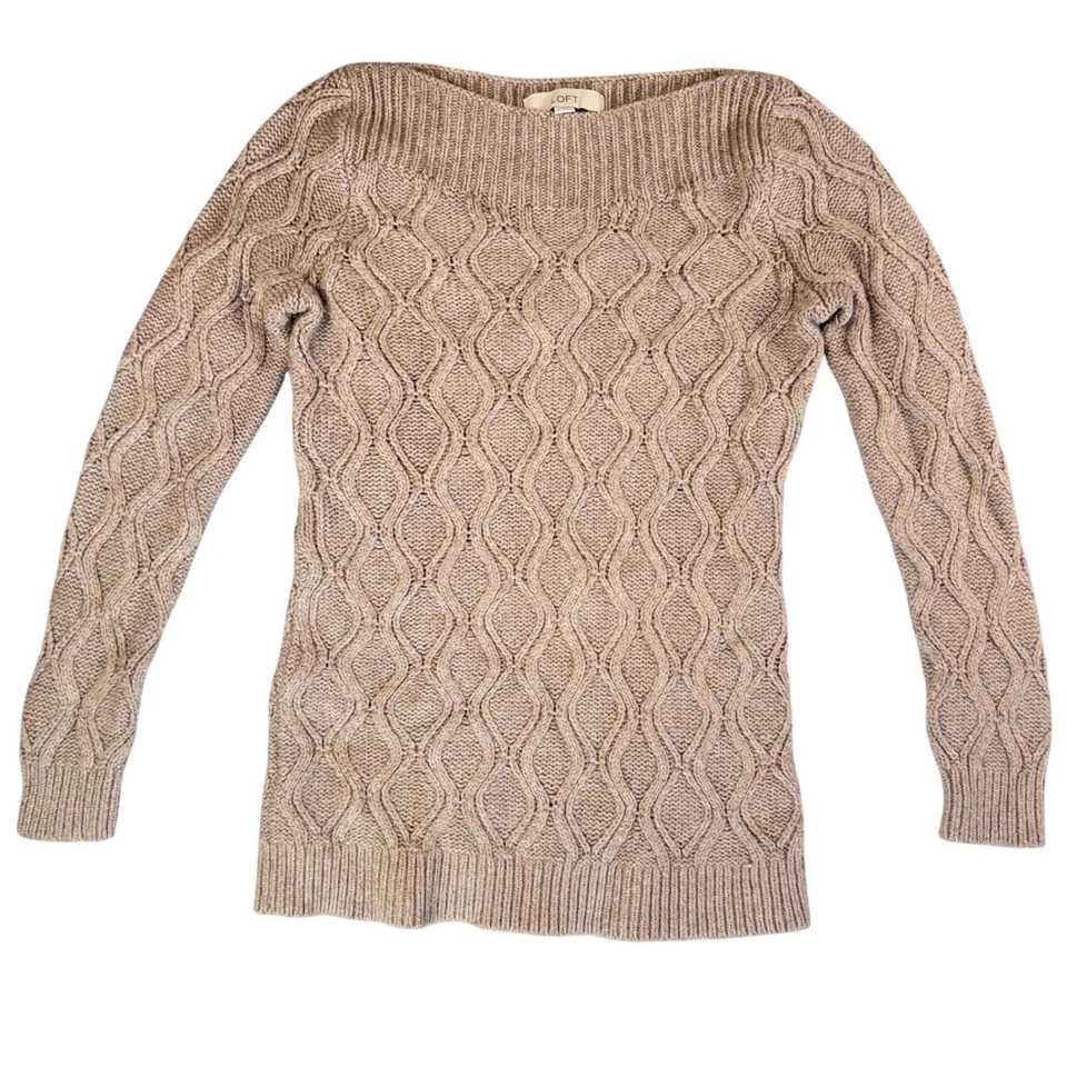 Suéter LOFT Para Mujer M Tostado Tejido con Cable Cuello Barco Grueso Mezcla de Lana Talla M Oficina Foto 2 de 4