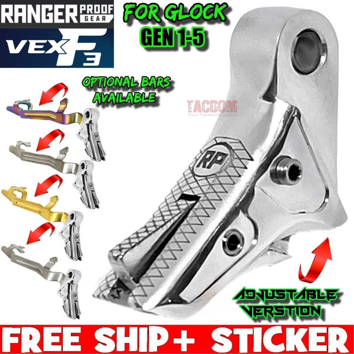 RANGER PROOF w/Johnny GLOCK VEX F3 ADJUSTABLE TRIGGER SILVER 17 19