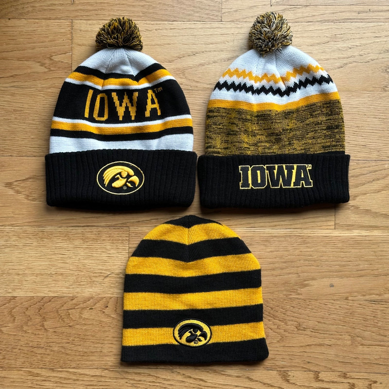 3 Iowa Hawkeyes Knit Pom Stocking Cap Beanie Skull Hat Striped EUC Black Gold IA