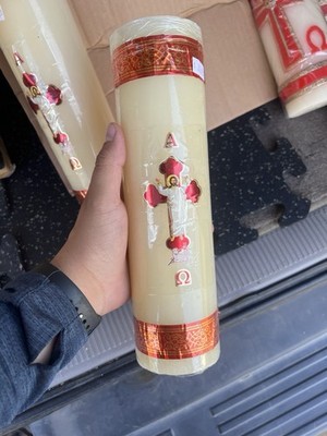 CIRIO PASCUA/PASCHAL CANDLE CROSS ALPHA OMEGA SYMBOLS IVORY RED CHRISTIAN EASTER