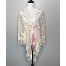 Floral Embroidered Lace Fringe Piano Shawl Open Front Duster OS