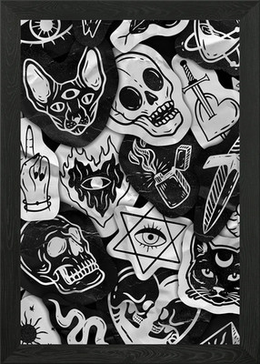 Schwarz-Weiß Tattoo Aufkleber Gerahmt Wandbild Poster Leinwanddruck Bild
