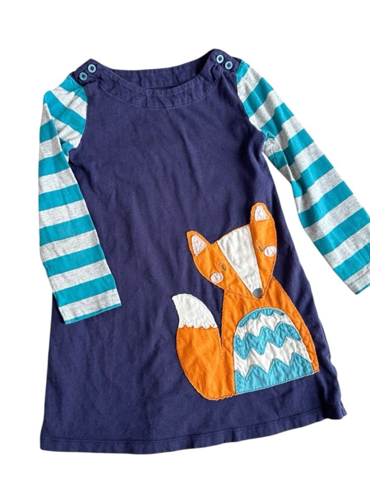 Mini Boden Dress Fox Appliqué long sleeve navy blue stripes Size 5-6Y