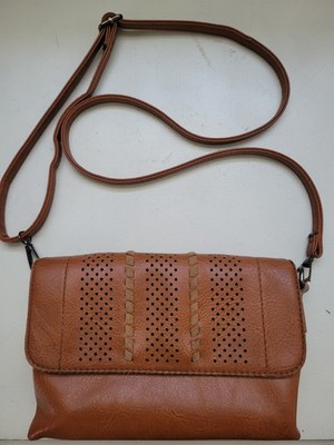 Sam & Hadley Tan/Brown Crossbody Bag Laser Cut Flap with Adjustable Strap