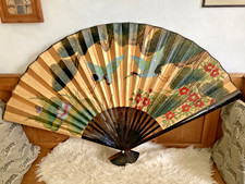 Very Large Beautiful Hand Painted Golden Japanese Wall Fan Storks and Flowers