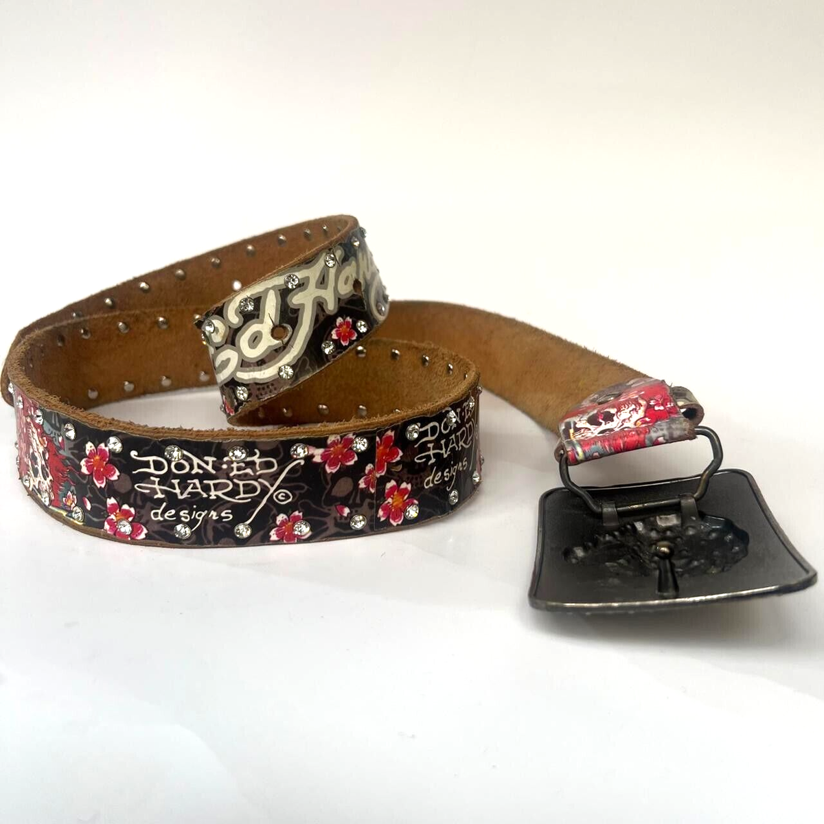 Y2K Rare Ed Hardy Glitter Large Buckle Belt Leather Rhinestone One