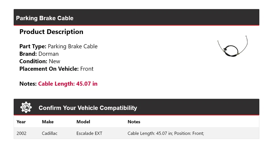 Cable de freno de estacionamiento delantero para Cadillac Escalade EXT 2002 Dorman Foto 2 de 4