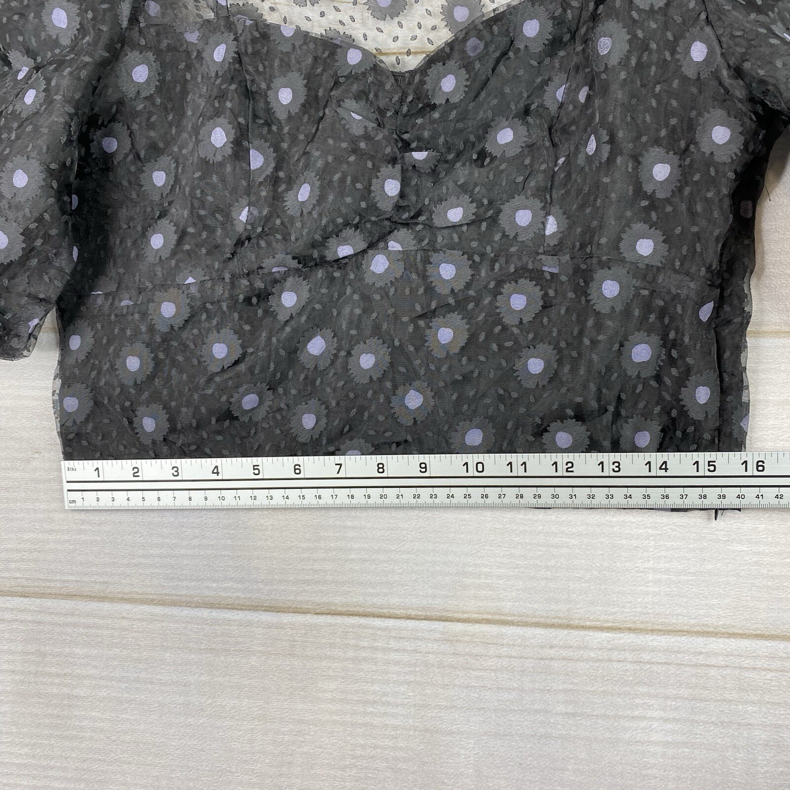 Sans Souci Blouse Womens L Black Floral Sheer Overlay Lined Crop Top Side Zip