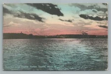 Seattle Harbor Sunrise ~ Beautiful Antique Puget Sound Hand Colored PC 1910s