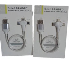 3-In-1 Braided Charging & Sync Cable USB-C, Micro USB, 8 PIN