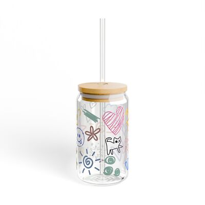 Doodle Drawings Sipper Glass, 16oz - Cute Fun Hand-Drawn Drinkware