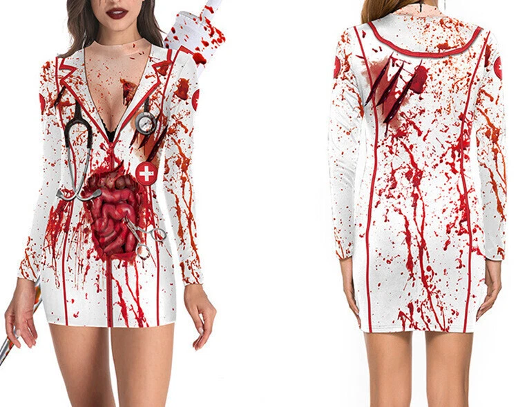 OFF WHITE Vestito Bodycon Scheletro Donna Gotico Mini Halloween Maniche Lunghe Vestiti Festa Q