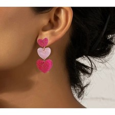 Valentines Pink Heart Design 3 Gradient Dangle Acrylic Earrings New In Packaging