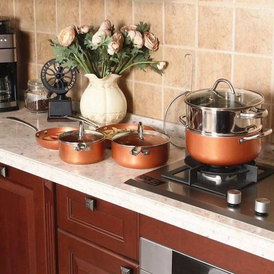 Juego de utensilios de cocina antiadherentes de cobre sartén y ollas de inducción de lujo, juego de 10 piezas Foto 4 de 4