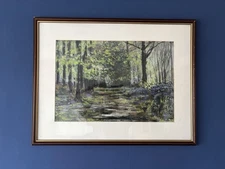 Large Impressionist Pastel Drawing Of Woodland Scene With Bluebells 29” X 22.5”