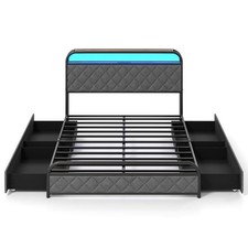 Full Size Bed Frame w/ LED Lights  Charging Station Storage Headboard