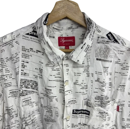 Chemise homme Supreme taille grand bouton devant épelé blanc rayonne S/S reçus euc