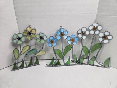 Vintage Stained Glass Flowers Window Panel Ornaments Sun Catchers Cottagecore