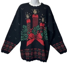 Vtg Holiday Time Black Christmas Trim Gold TrimCandle Sweater Large Made In USA