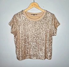 ELLIOTT LAUREN Sequin Tee Small Champagne Gold Short Sleeve Lined Party NYE