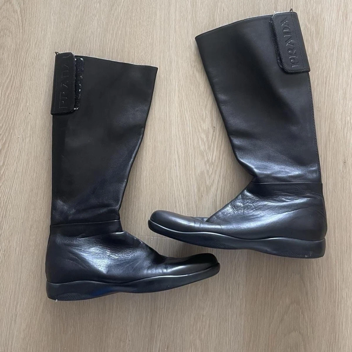 靴 PRADA SPORT Leather Boots 38 1/2 Prada sport riding knee high patent leather moto biker boots sz