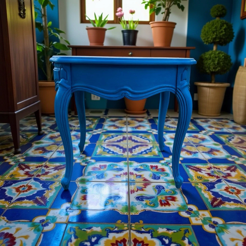 Mesa auxiliar vintage Thomasville French Court roble burl ovalada con Frida Kahlo Foto 2 de 4