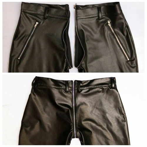 Men Skinny Elastic Shiny Pants Flared PU Leather Trousers Low Waist Slim Fit - Picture 8 of 9