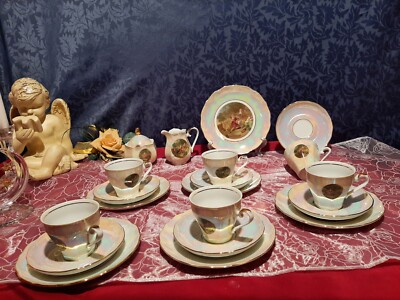 Graf von Henneberg Kaffeeservice 6 Pers. Perlmutt - Goldrand Bilder J.H.Fragonad