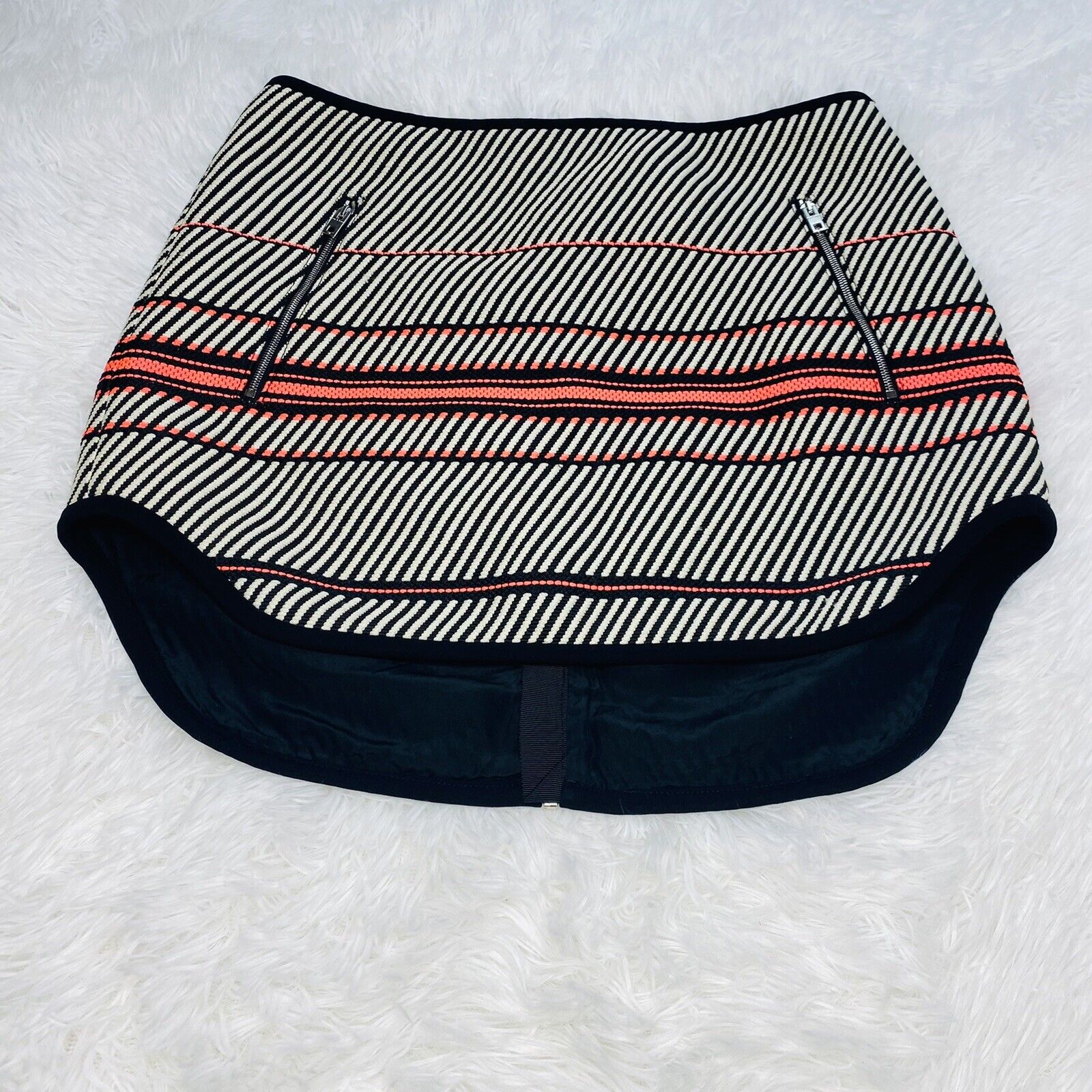 Rag & Bone Black & White Stripe Micro Mini Silk Zipper Detail Structured Skirt