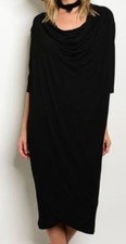 NWT M BLACK DRAPE FRONT MIDI MAXI SHORT SLEEVE BOHO SHIRT SUPER SOFT DRESS