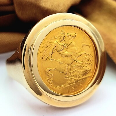 Men's Ring 10ct (417, 10K) Yellow Gold MHJ 22ct Sovereign 1914