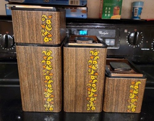 Vtg Aluminum Kromex Nesting Canister Set Copper Lids Floral 70's Groovy Pallet - Picture 14 of 19
