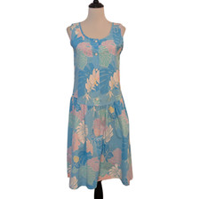 Vintage Kole Kole Hawaii Womens Size L/XL Blue Pink Palm Leaf Sleeveless Dress
