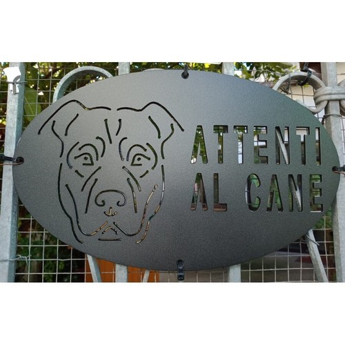 Targa Cartello "ATTENTI AL CANE" ferro Disegno Laser . Pitbull Amstaff 1783 - Foto 3 di 7