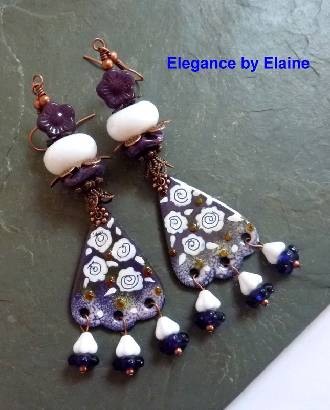 White Roses on Purple Earrings Handmade Lampwork Copper Enamel Drops Floral Boho