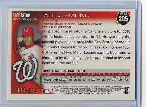 2010 Topps Chrome Rookie Autographs Blue Refractors Ian Desmond #205 - Nationals - Picture 2 of 2