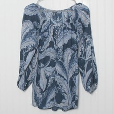 Chaps Navy Floral 3/4 Elastic Sleeve Sheer Round Neck Button Tunic Poly Top Lge