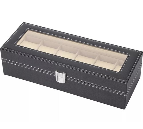 Porta Orologi Uomo a 6 Scomparti Coperchio Vetro espositore ECOPELLE MDF VELLUTO - Foto 7 di 15