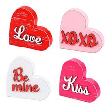 4 PCS Valentine Heart Wood Sign Heart Shaped Wooden Table Sign Rustic 3D Love