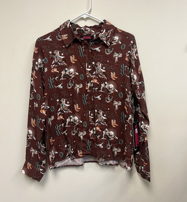 Rock & Roll Denim Cowgirl Girls L Brown Western Graphic Print Collared Button-Up