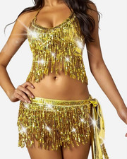 Women s Belly Dance Bra Top Hip Skirt Set Gold Sequin Fringe