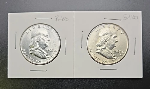Ben Franklin Half Dollar 90% Silver, Lot of 2--- 1963-D---AU---B-120
