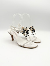 Chanel White Leather T Strap Sandals Beaded Accent CC Logo Vintage Size EU 36.5