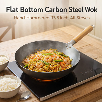 13.5'' Carbon Steel Flat Bottom Wok Hand Hammered,Pre-Seasoned,Works on All Stove