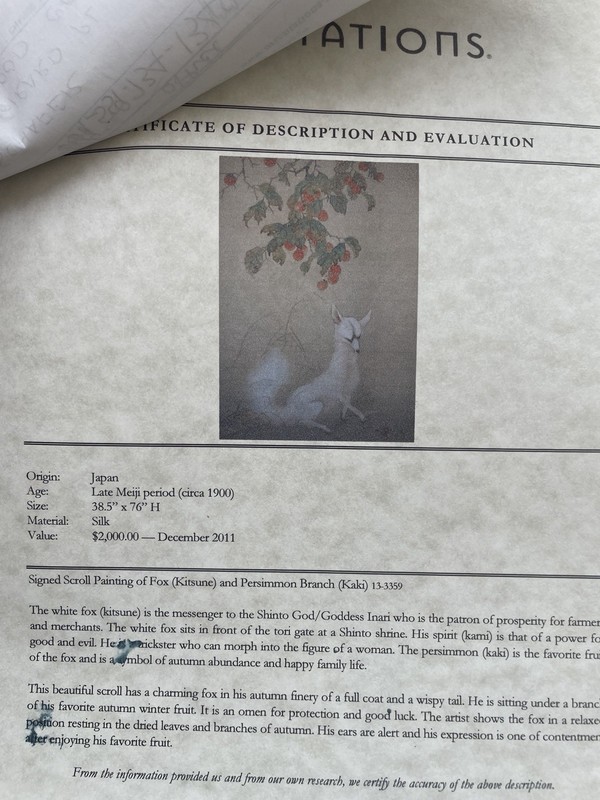 Silk Scroll Painting Fox and Persimmon Branch Late Meiji Japan Antique Original